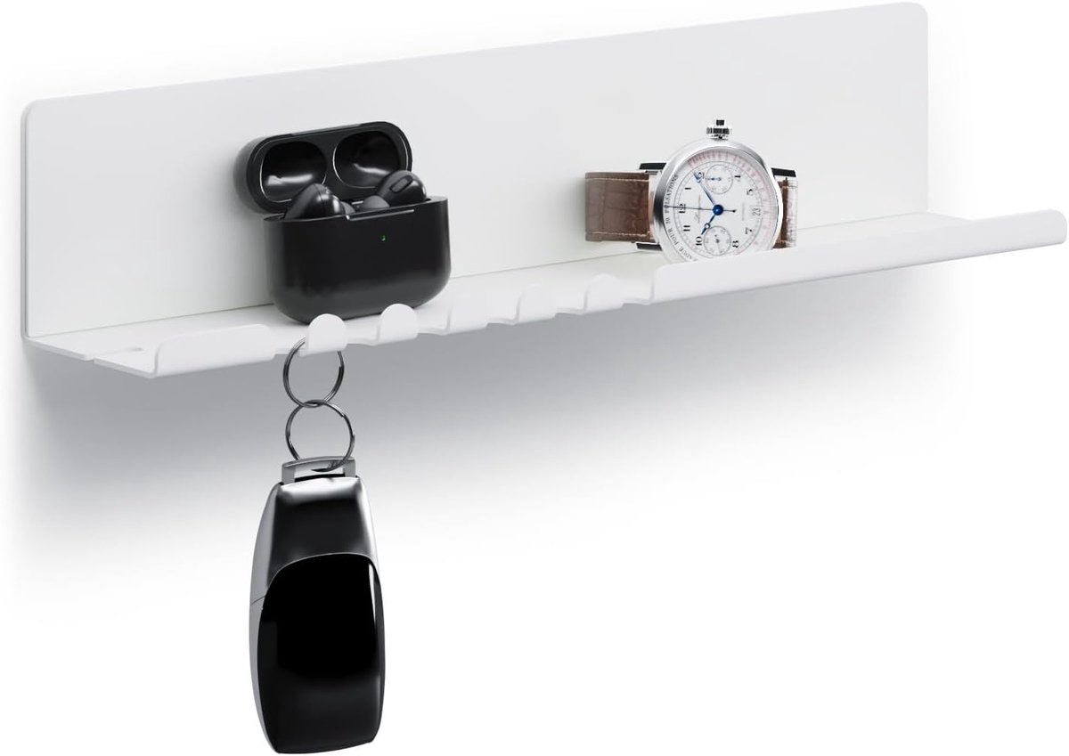 Byde Helke wandrek 30 x 6 x 6 cm organizer voor sleutels, brieven en kleine voorwerpen, 5 sleutelhaken, kabelhouder voor oplader, gepoedercoat plaatstaal, kleur: wit