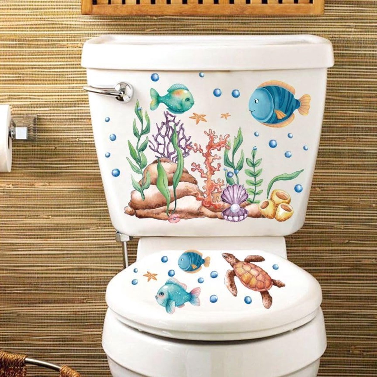 3 vellen onder de zee wc-hoes sticker zeethema wc-deksel stickers, zelfklevende oceaan leven tank stoelstickers voor badkamer