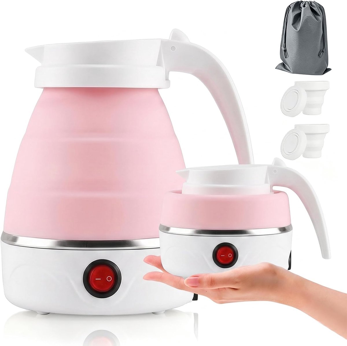 waterkoker 0,6 l, 750 W, reiswaterkoker met roestvrijstalen bodem, siliconen camping theekoker met automatische uitschakeling, draagbaar voor outdoor wandelen, meerkleurig (roze)