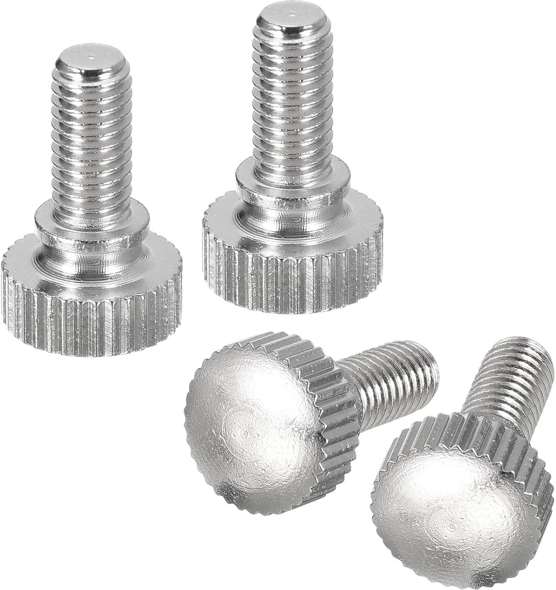 M5 x 10 mm duimschroeven, geribbeld, 4 stuks, gegroefde duimschroeven van messing met schouderknopen, zilverkleurig