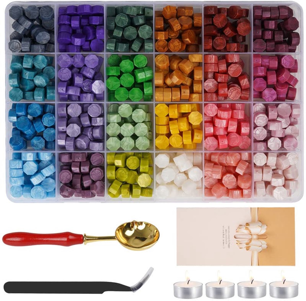 Zegelwaxparels met 24 kleuren en 600 stuks, achthoekig met 4 kaarsen, 1 lepel en 1 pincet voor bruiloftsuitnodigingen, enveloppen, brieven, ansichtkaarten, cadeauverpakking-1