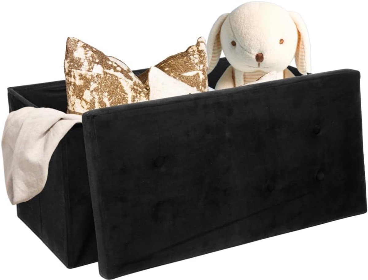 Opbergbank - 76x38x38 cm - Velvet - Zwart - Inclusief kussen - Ideaal voor extra opslag - SnelShoppen