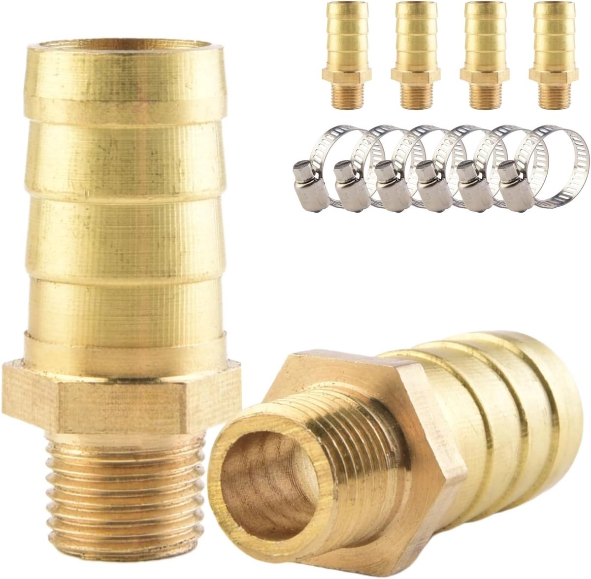 Messing slangkoppelingen, 6 x 12 mm aansluitingen × 1/8" buitendraadpijpverbindingen, compleet met 6 slangklemmen, geschikt voor het aansluiten van gas, water en brandstof