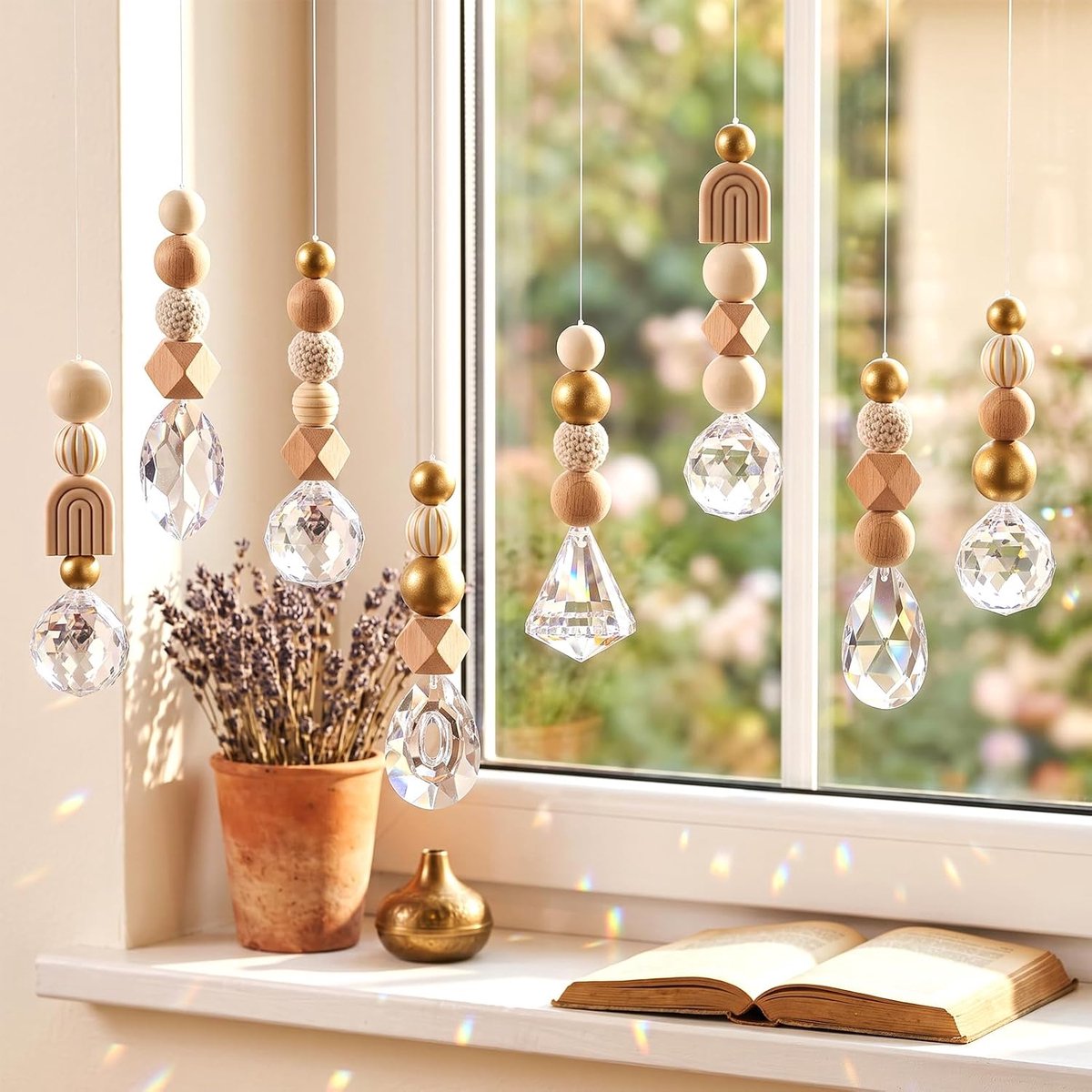 Zonnevangers kristal met houten kralen, lengte 47 cm, doe-het-zelf zonnevanger knutselen, verfijnde suncatcher voor tuin, balkon, raamdecoratie
