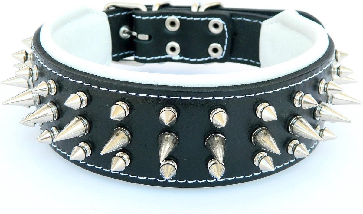 Danger echt lederen hondenhalsband met schroefpunten en lederen binnenvoering. 6,5 cm breed. Pasfit