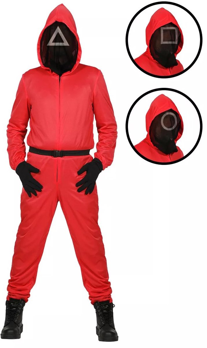 Squid Game Pak | Squid Game Manager Vierkant Square Rood Met Stoffen Masker Kind Kostuum | Maat 152 | Carnaval kostuum | Verkleedkleding