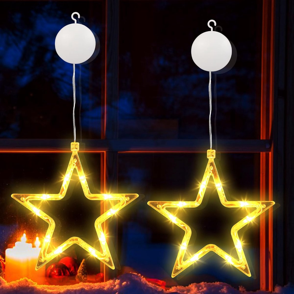 Kerstraamverlichting, 2 Stuks 10 LED Ster Kerstverlichting Batterij Warm Wit Lichtsnoeren Raamverlichting voor Binnen Lichtslingers met Timer voor Huis Tuin Balkon Buiten Feest Deur Ffestival