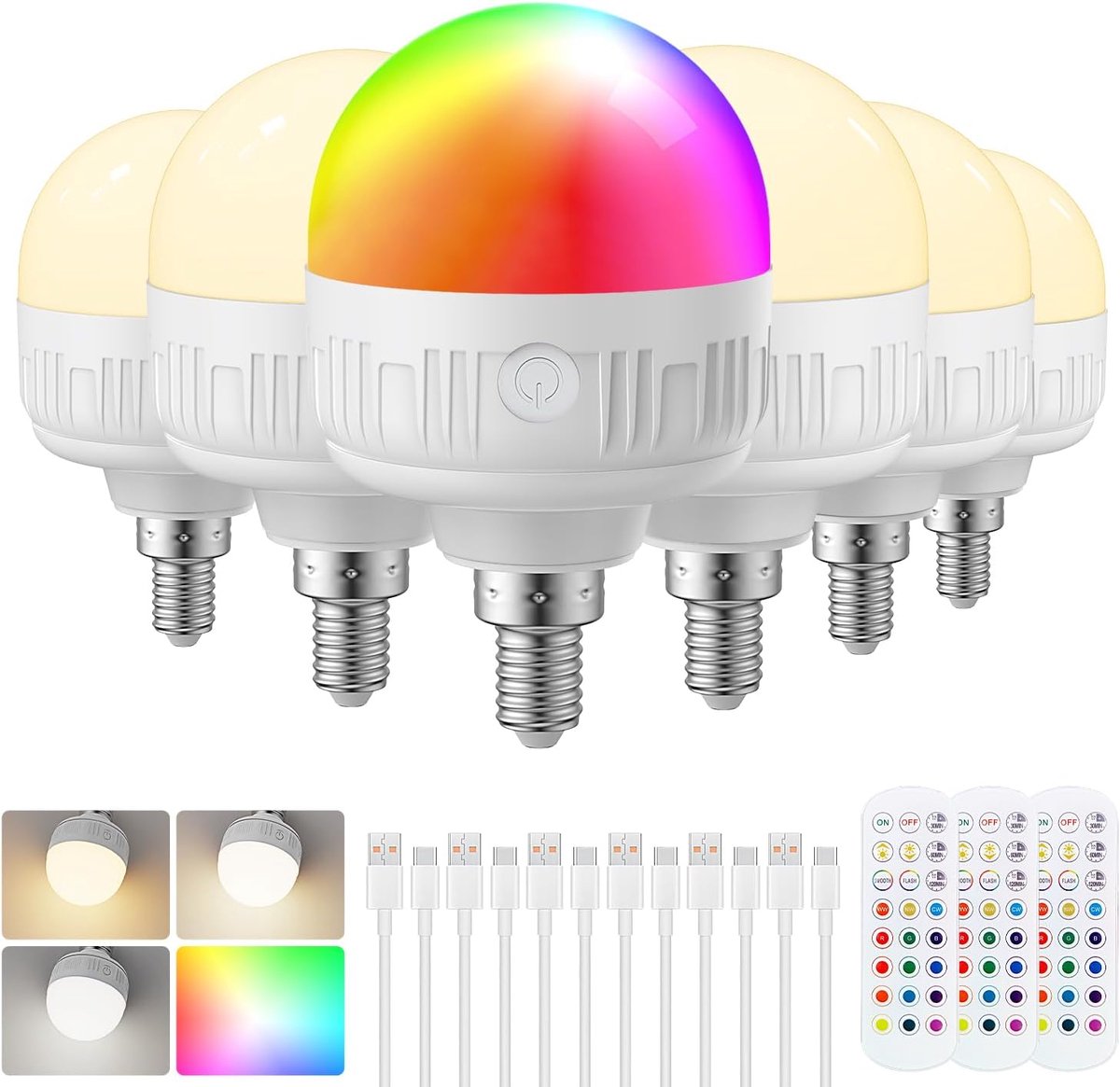 E14 Oplaadbare Gloeilamp met Afstandsbediening, 8W Dimbare Oplaadbare Led Lamp met Timerfunctie, RGB & 3 Kleuren Batterij Gloeilamp met Magnetisch voor Niet-Vaste Bedrade, Noodlicht, 6 Stuks