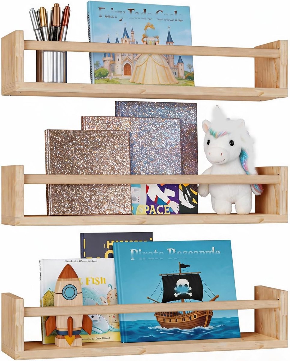 Boekenkast voor kinderen, 3 stuks, 42 cm, wandplank, kinderkamer, plank, zwevende plank, houten wandset voor woonkamer, keuken, werkkamer, decoratie (hout)