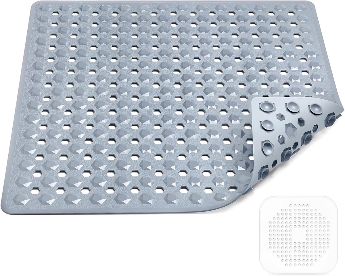 Antislip, 53 x 53 cm, 100% BPA-vrij, inclusief 2 haken om op te hangen, 1 afvoerzeef, siliconen, antislipmat, douche, machinewasbaar, schimmelbestendig, huidvriendelijk (grijs)