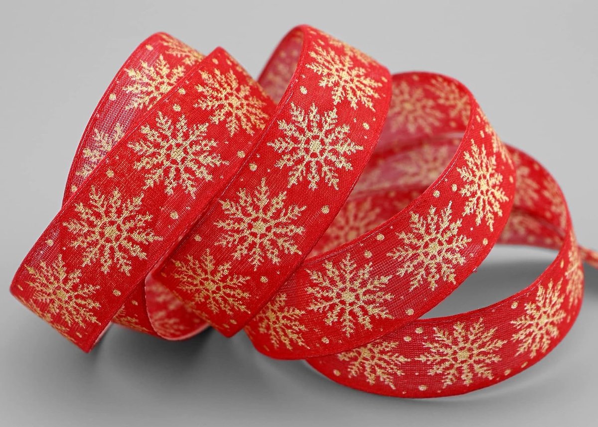 20 m x 25 mm Dekoband ADAM rood goud sneeuwvlokken cadeaulint met draadranden, strikband decoratieve glans glanzende band Kerstmis sneeuwvlokken knutselen draad glitter winter