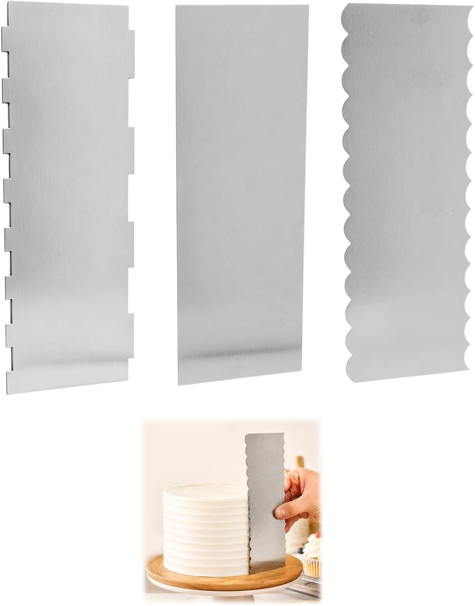 Deel van 3 taartrackers van metaal, slijpers van roestvrij staal voor decoratie van taarten, crème, schuim en gebak, slijper en afwerking 22 x 7,5 cm, Gebruik en duurzaam