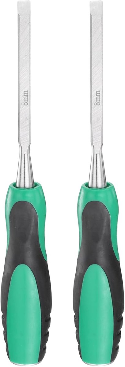 Beitels, 2 stuks, van staal, breedte lemmet, 5/16 inch, platte punt, houtbewerking, handgereedschap voor timmerwerk met antislip kunststof handgreep, voor groen-zwart