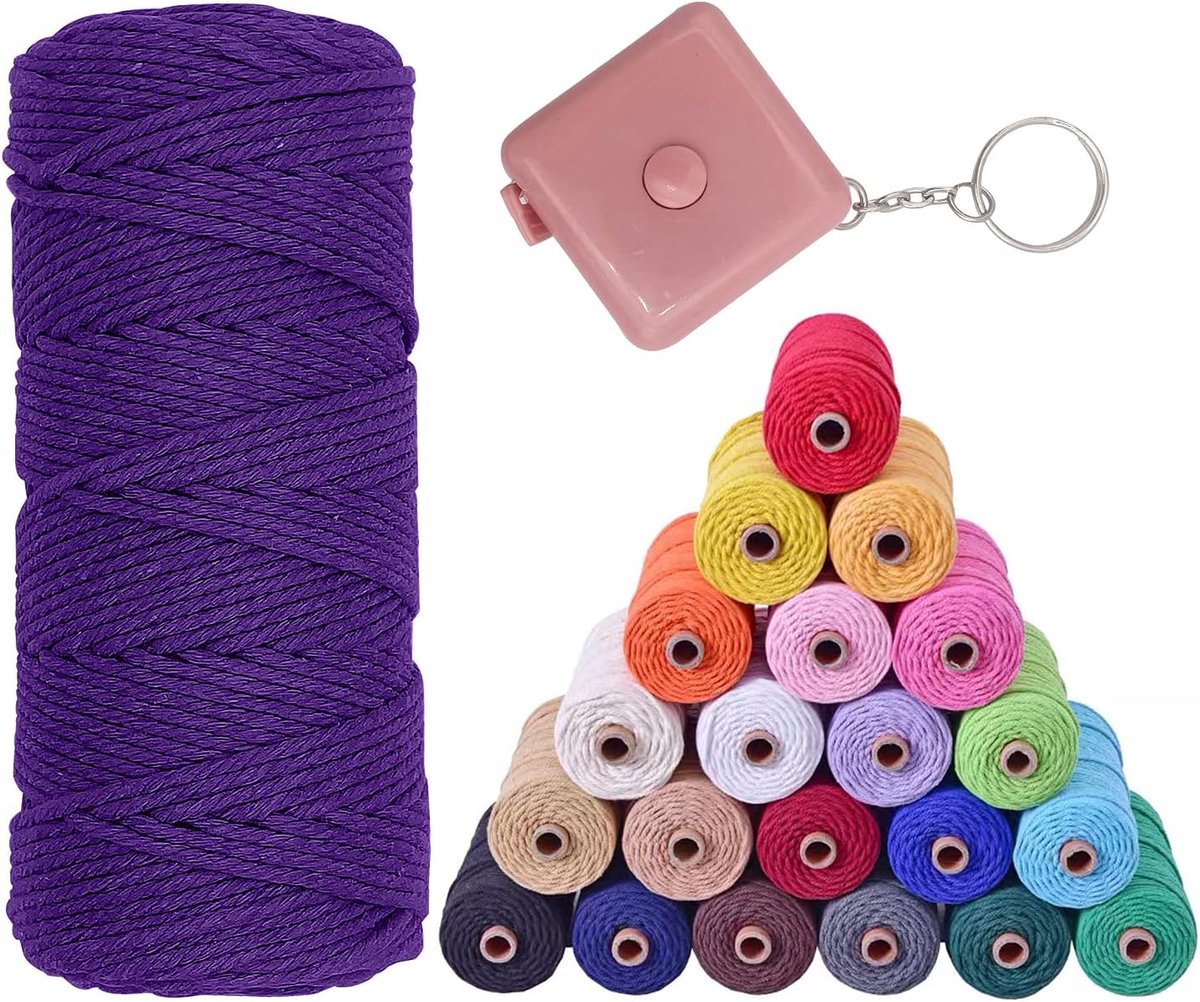 - 3mm x 100m/109Yards/328 Feet (28 kleuren) 100% katoen macramé katoengaren met 4 enkele draai & 1 meetlint voor wandkleden DIY handwerk