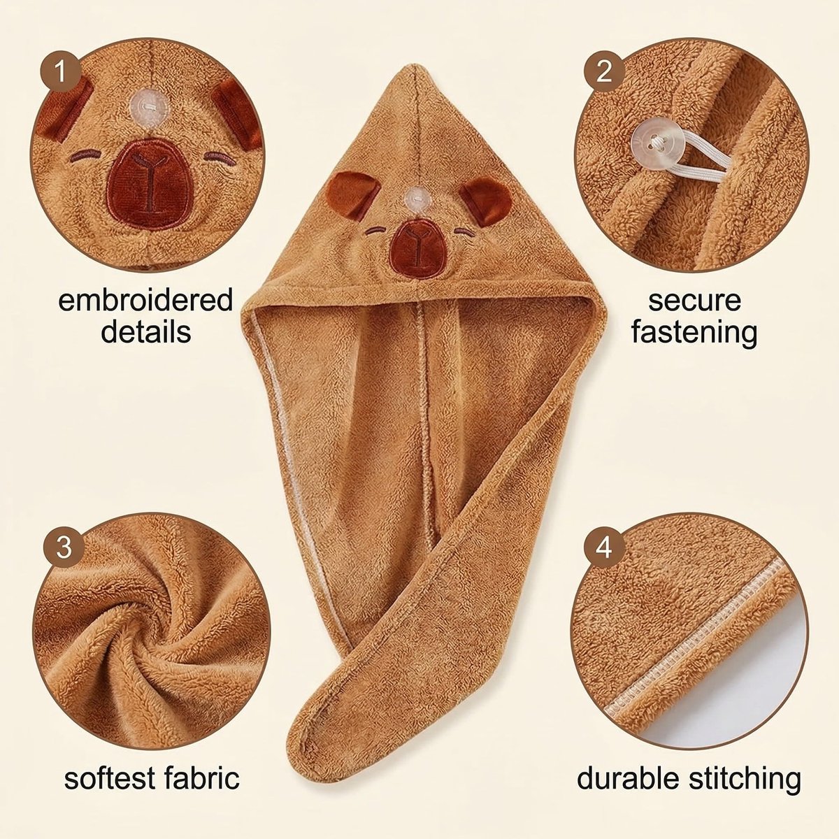 Haardrogerdoek capibara - supersnel drogend - superabsorberend - ideaal voor lang haar - SnelShoppen