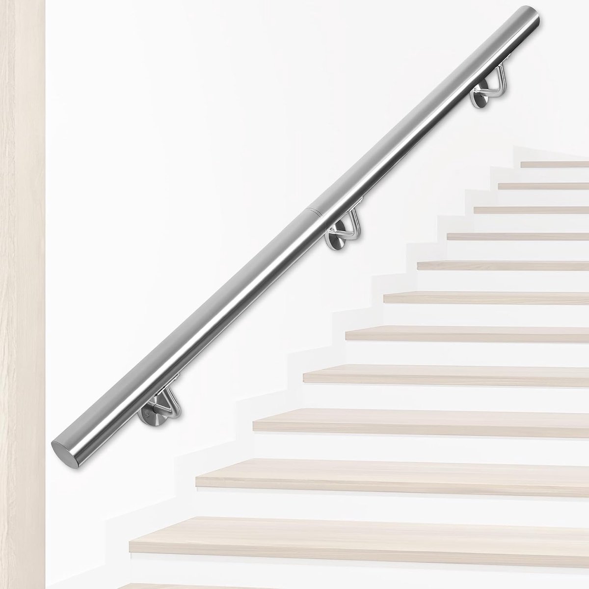 Roestvrij stalen trapleuning - 200 cm wandtrapleuning met houders, voor binnen en buiten, voor loft, veranda, garage en terras