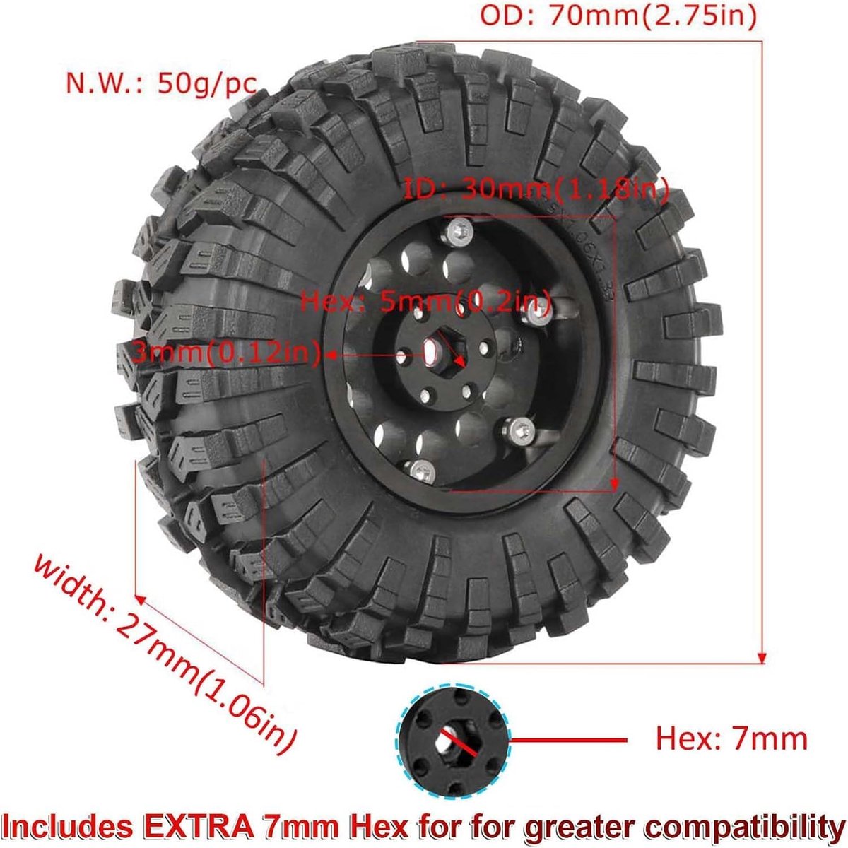 4 stuks 1,33 inch aluminiumlegering, beadlock wielvelgen, all-terrain banden, 70 mm rubberen banden, set met 5 mm en 7 mm zeskant voor 1/12 1/14 1/18 1/24 RC Rock Crawler auto upgrade