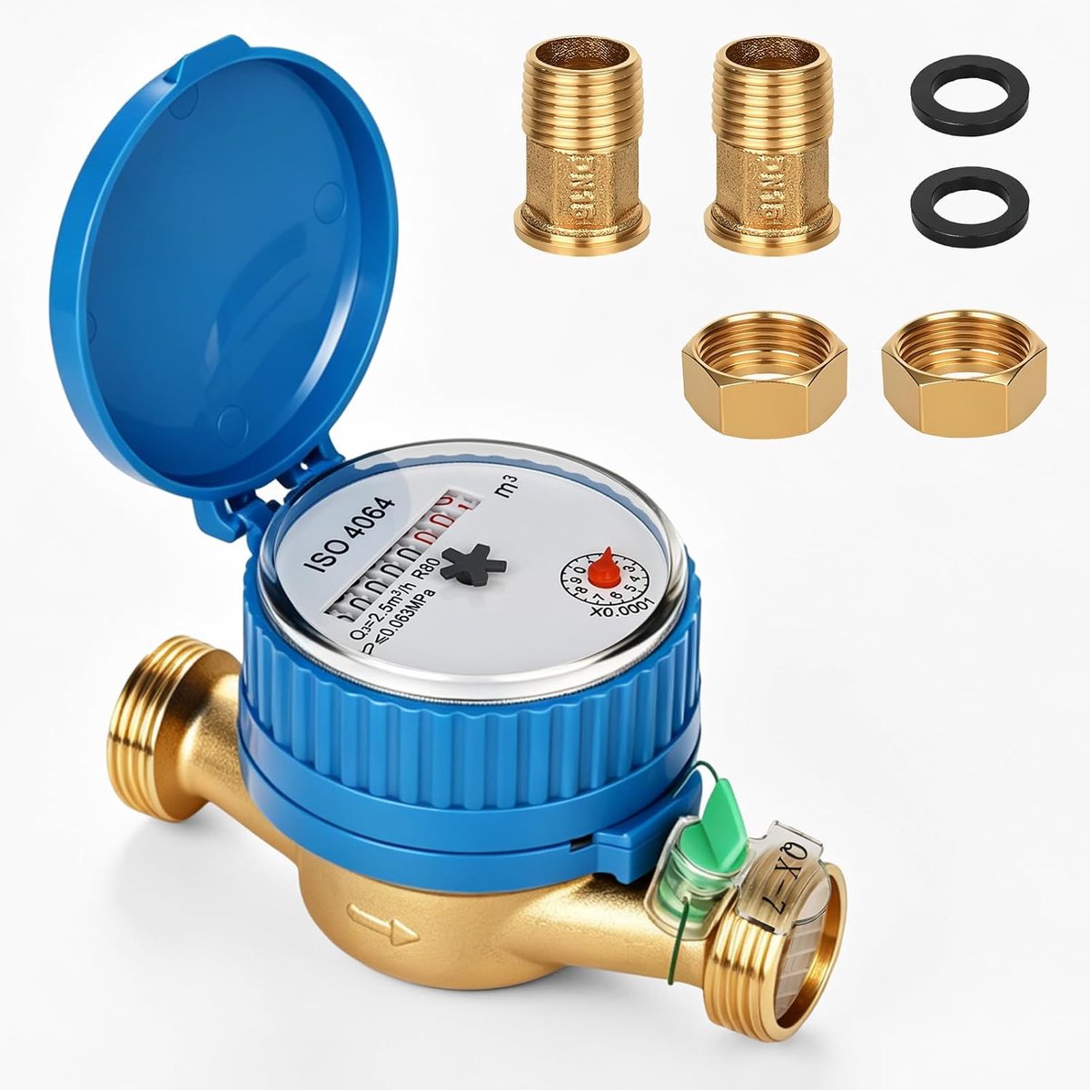 Watermeter tuin, waterklok gekalibreerd, koudwatermeter tapkraan teller | 1/2 inch messing aansluiting tuinwatermeter gekalibreerd, waterklok, tapkraan, watermeterset met beschermkap