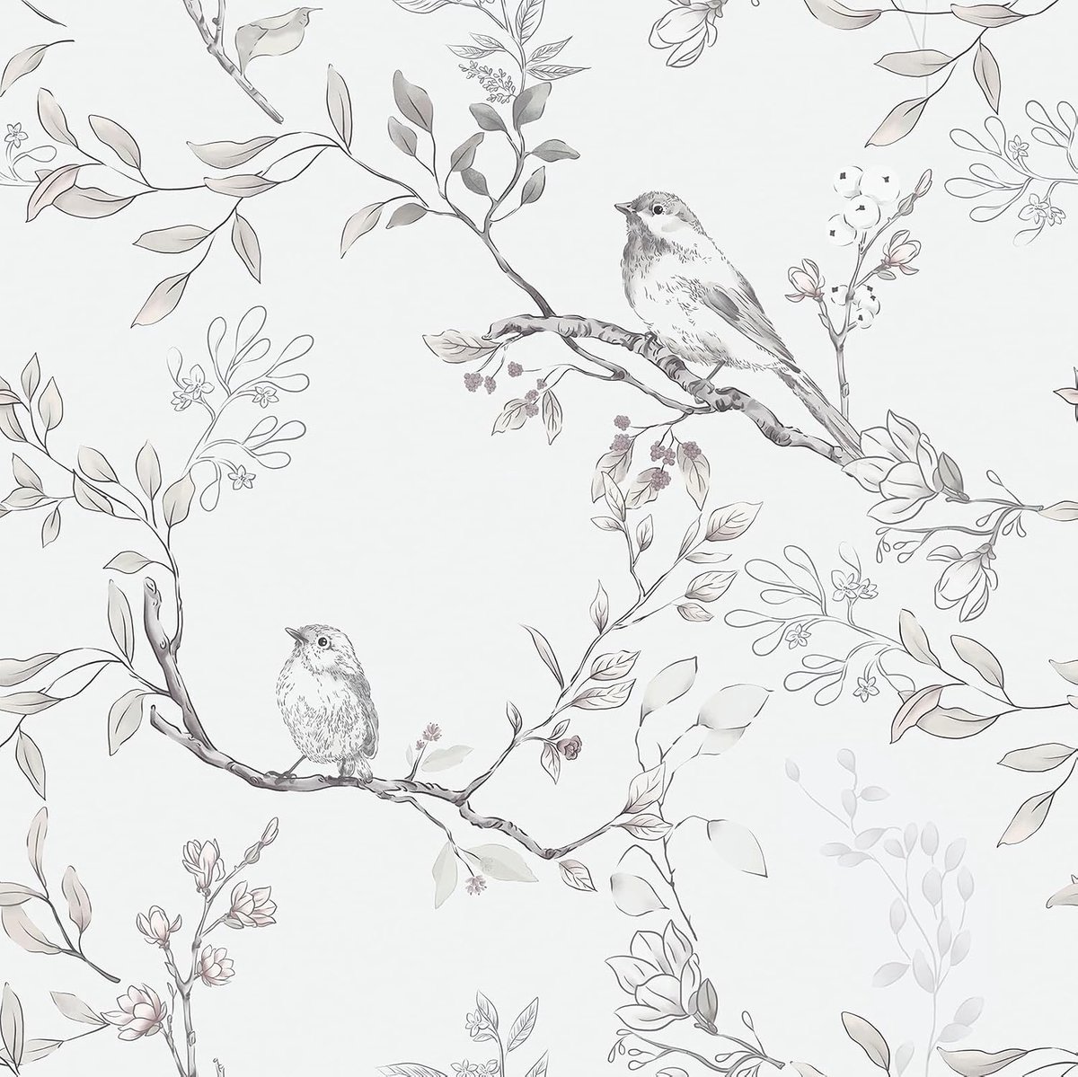 Behang, beige, bloemenbehang, 44 cm x 10 m, plakfolie, meubels, bloem en vogels, waterdicht, zelfklevend, afneembaar, vinylfolie, decoratieve folie voor woonkamer, slaapkamer