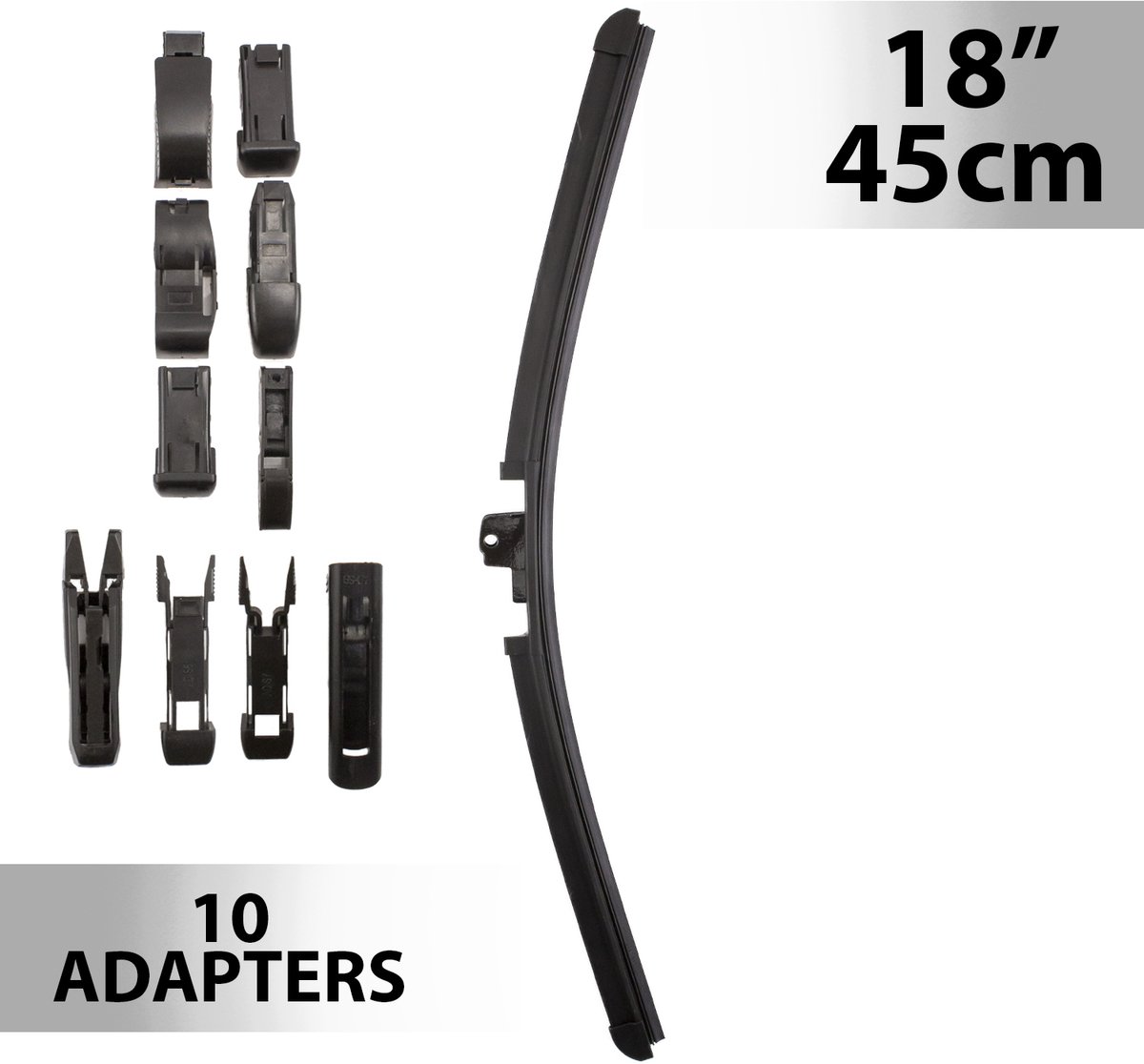 Universele Auto Ruitenwisser 45 cm (18″) met 10 Adapters - Geschikt voor de Meeste Auto’s, Weerbestendig & Streepvrij Zicht [55738N]