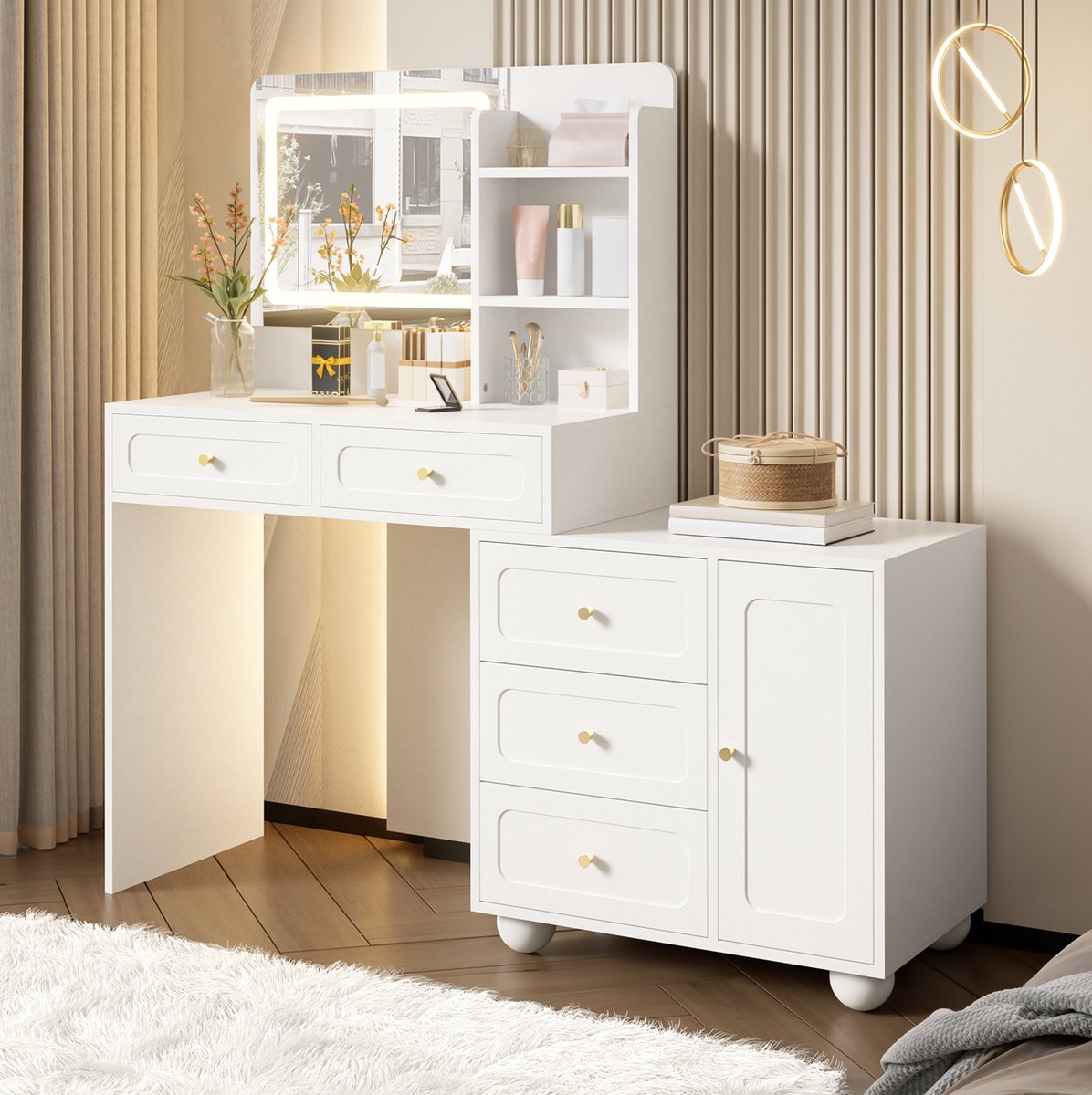 Desmiu Kaptafel Met Verstelbare Ledverlichting En Spiegel 80 X 39,8 X 127 Cm Spaanplaat En Bamboe Wit Met 5 Lades 1 Deur En 3 Vakken