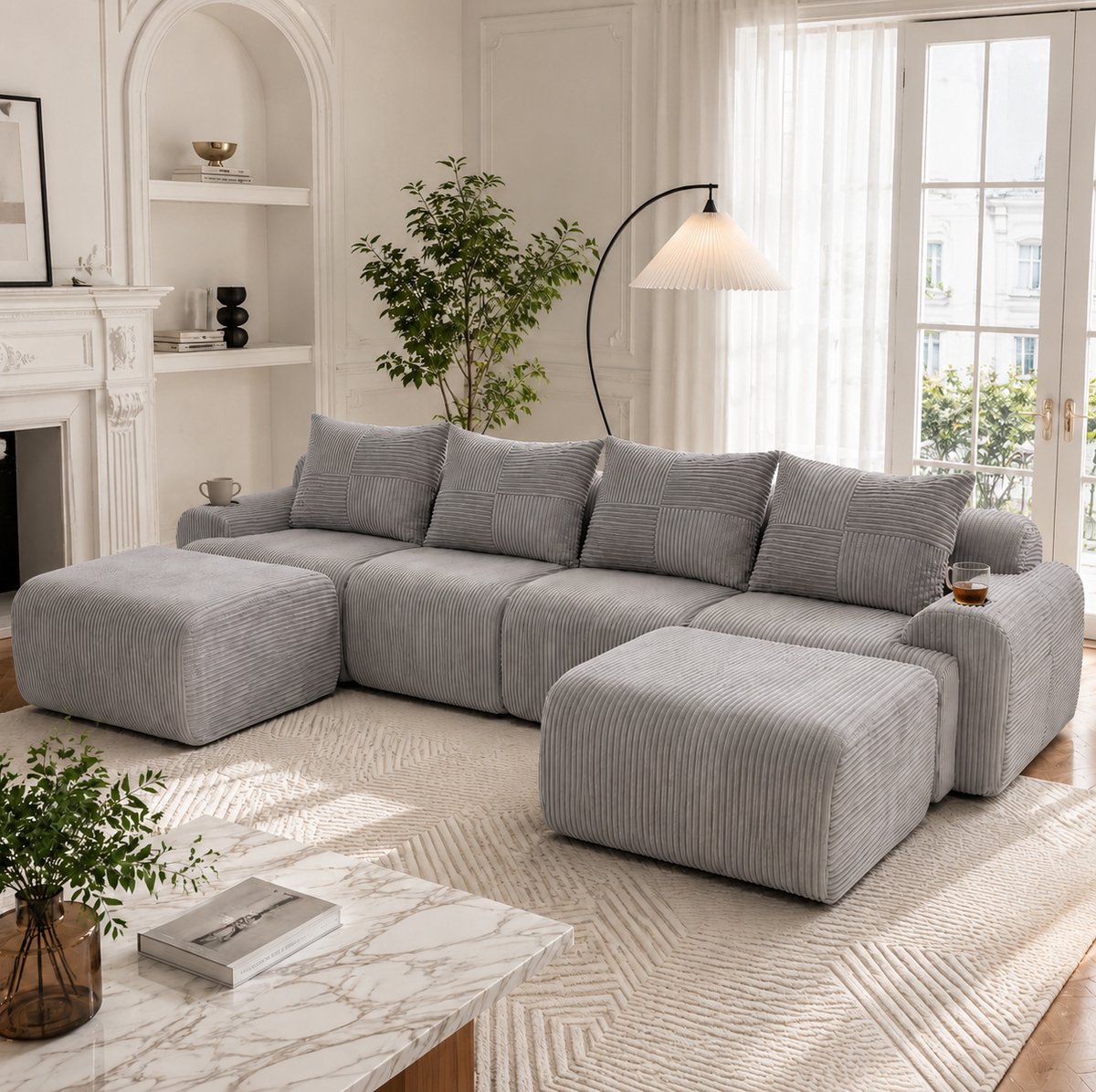 DESMIU Modulaire Bank 4-Zits Met 2 Hockers - Cuphouder En Opbergvak - Voor Woonkamer En Familiekamer - Cord - Lichtgrijs