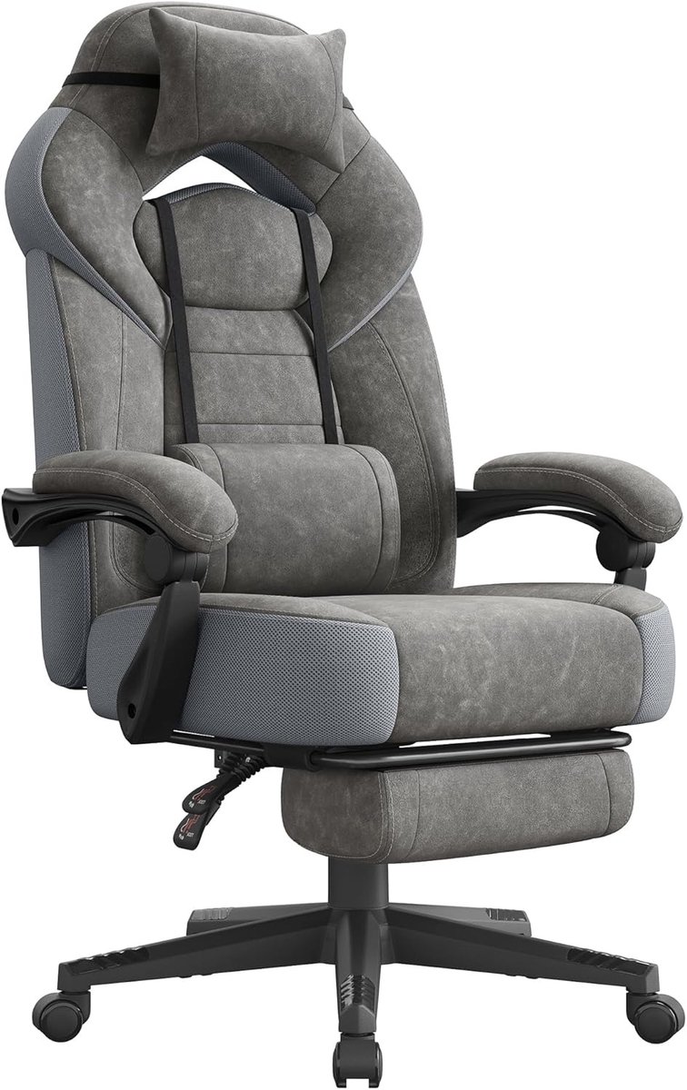 Gaming Stoel Ergonomisch - Gaming Bureaustoel met Voetensteun en Verstelbare Rugleuning - Luxe Game Chair van Imitatiesuède met Hoofd- en Lendenkussen - Draaibare Gamestoel voor Gaming, Kantoor en Thuiswerken - Grijs