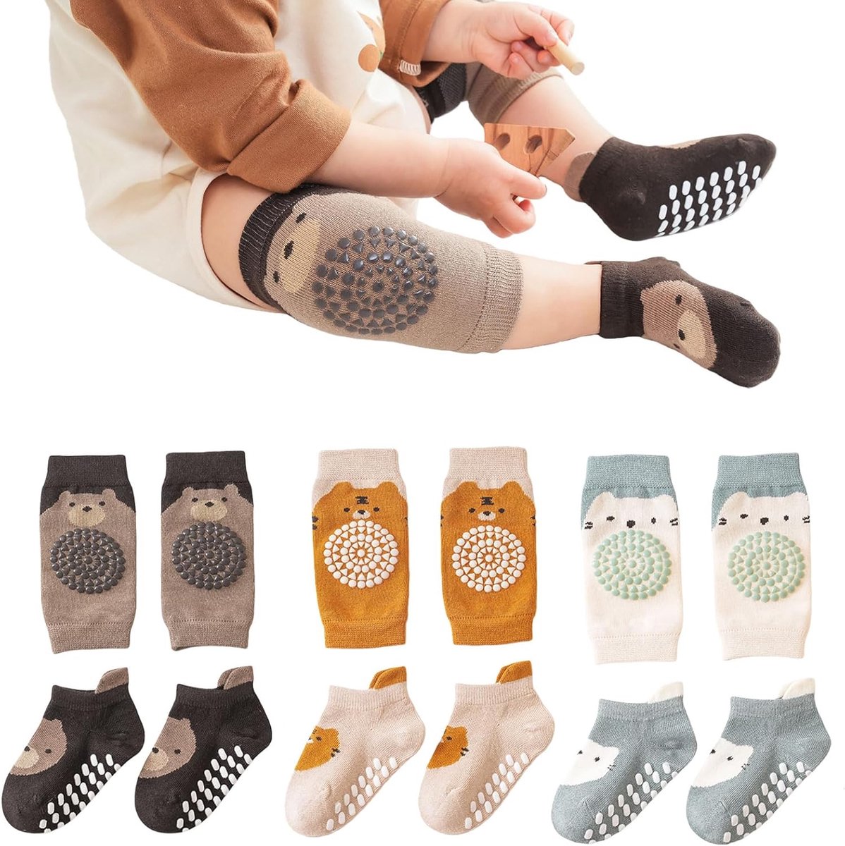 Baby knie pads set 0-12 maanden - met schattige dierenmotieven - antislip met siliconen tips - SnelShoppen