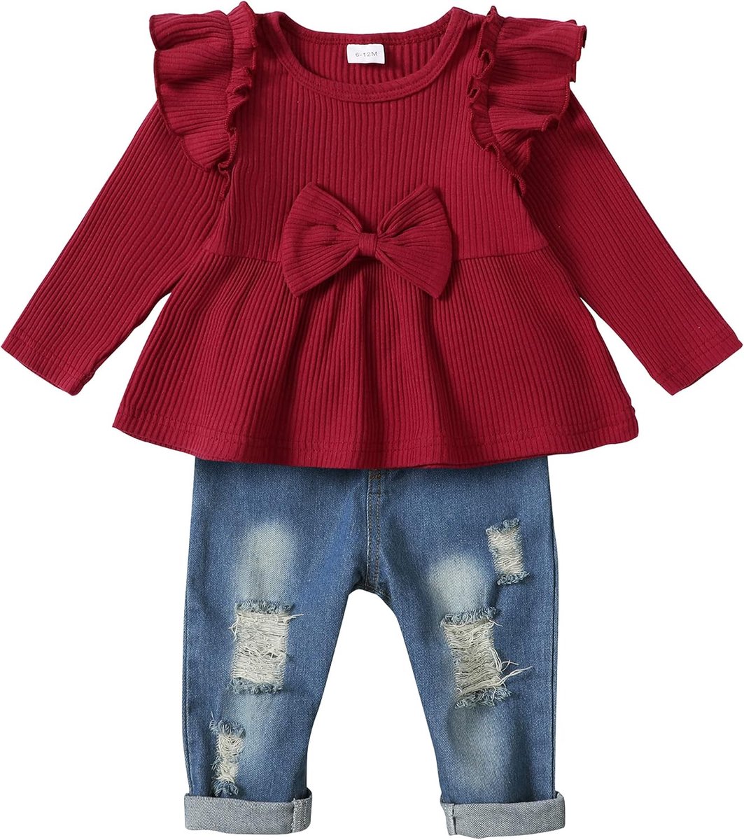 Baby kleding set meisjes 6-36 maanden - ruffle lange mouwen top - jeansbroek - perfect voor verjaardagen - SnelShoppen