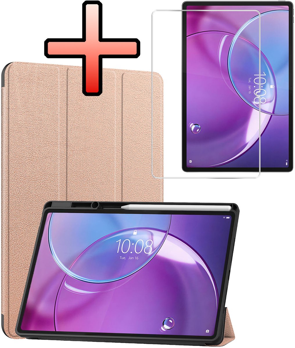 Hoes - Geschikt voor Lenovo Idea Tab Pro Gen 2 - Met Screenprotector - Trifold Bookcase - Hard Cover Case - Met Uitsparing Geschikt voor Lenovo Pen - Hardcover Book - Tablet Hoesje - Rosé goud
