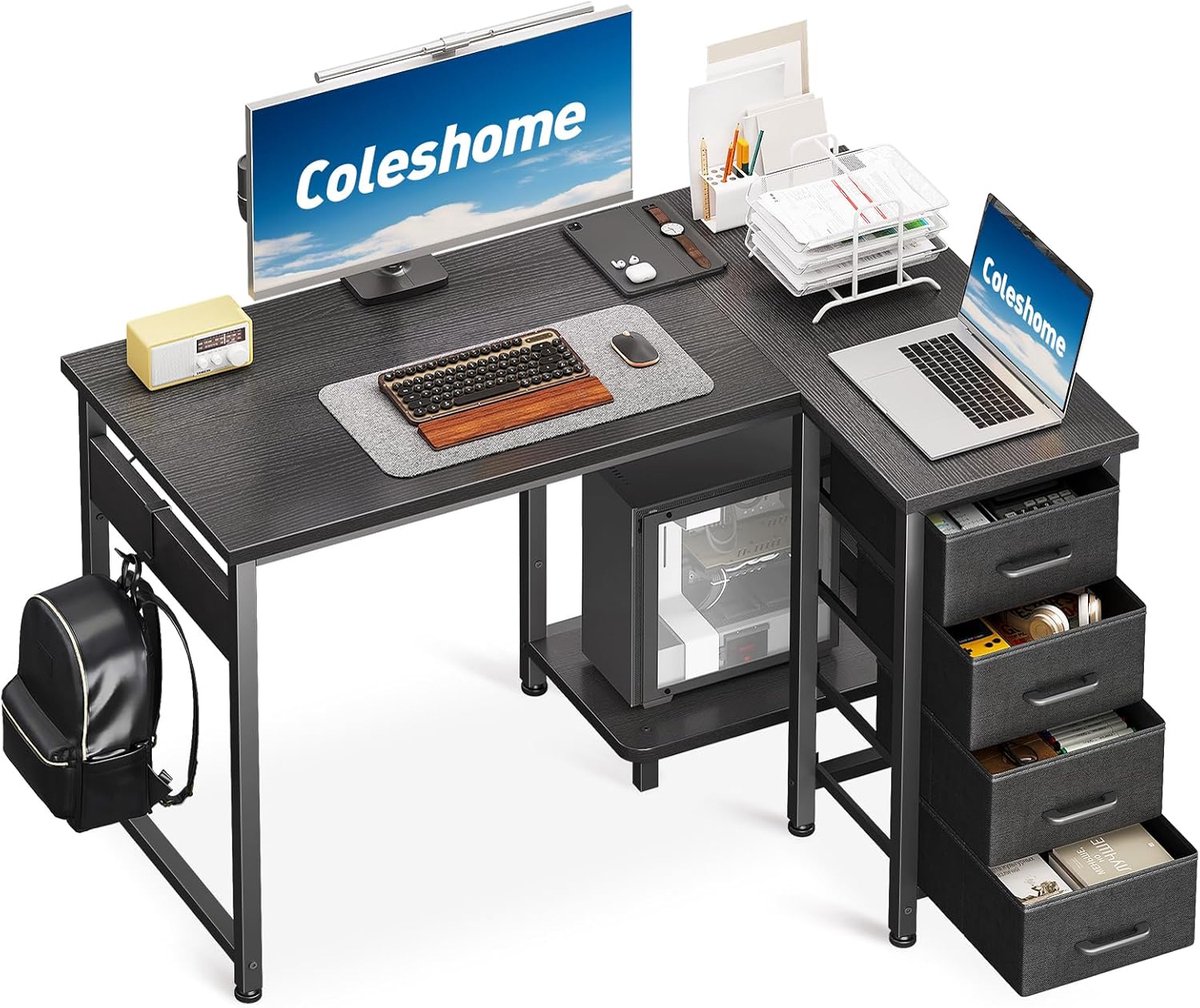 Hoekbureau met 4 lades - 100x70cm - Zwart - Ruimtebesparend voor kantoor en slaapkamer - ShopVlot