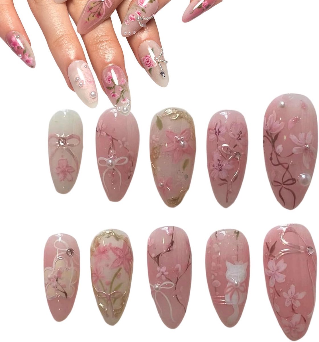 Press on Nails Medium Almond - Roze Bloemen met Strass en Parel - Herbruikbare Set - Makkelijk aan te brengen - ShopVlot
