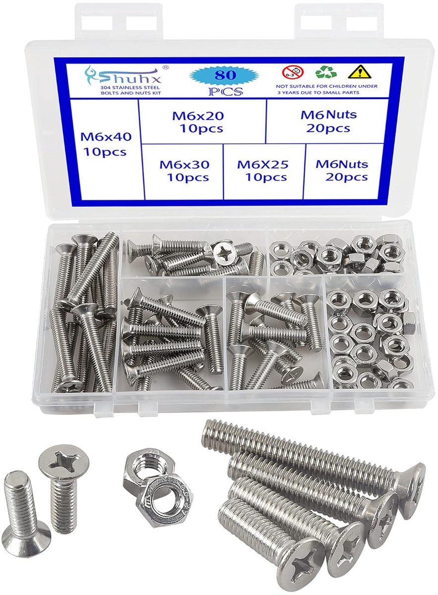 M6 machine schroeven 80PCS - 304 roestvrij staal - met moeren en koffer - ideaal voor meubilair - ShopVlot