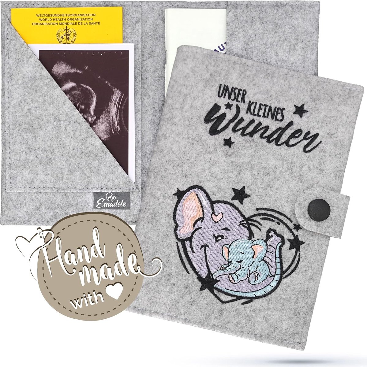 Moederpaspoort hoesje A5 - grijs vilt - olifant 'Onze Kleine Wonder' - beschermt ultrasone afbeeldingen - ShopVlot