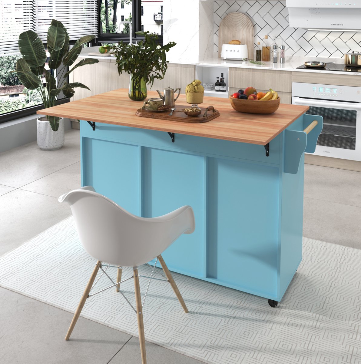 OKWISH Keukenkast - Keukenwagen Met Opklapbaar Werkblad - 129 x 46 x 91,5 cm - 2 Laden En 2 Deuren - MDF Blauw