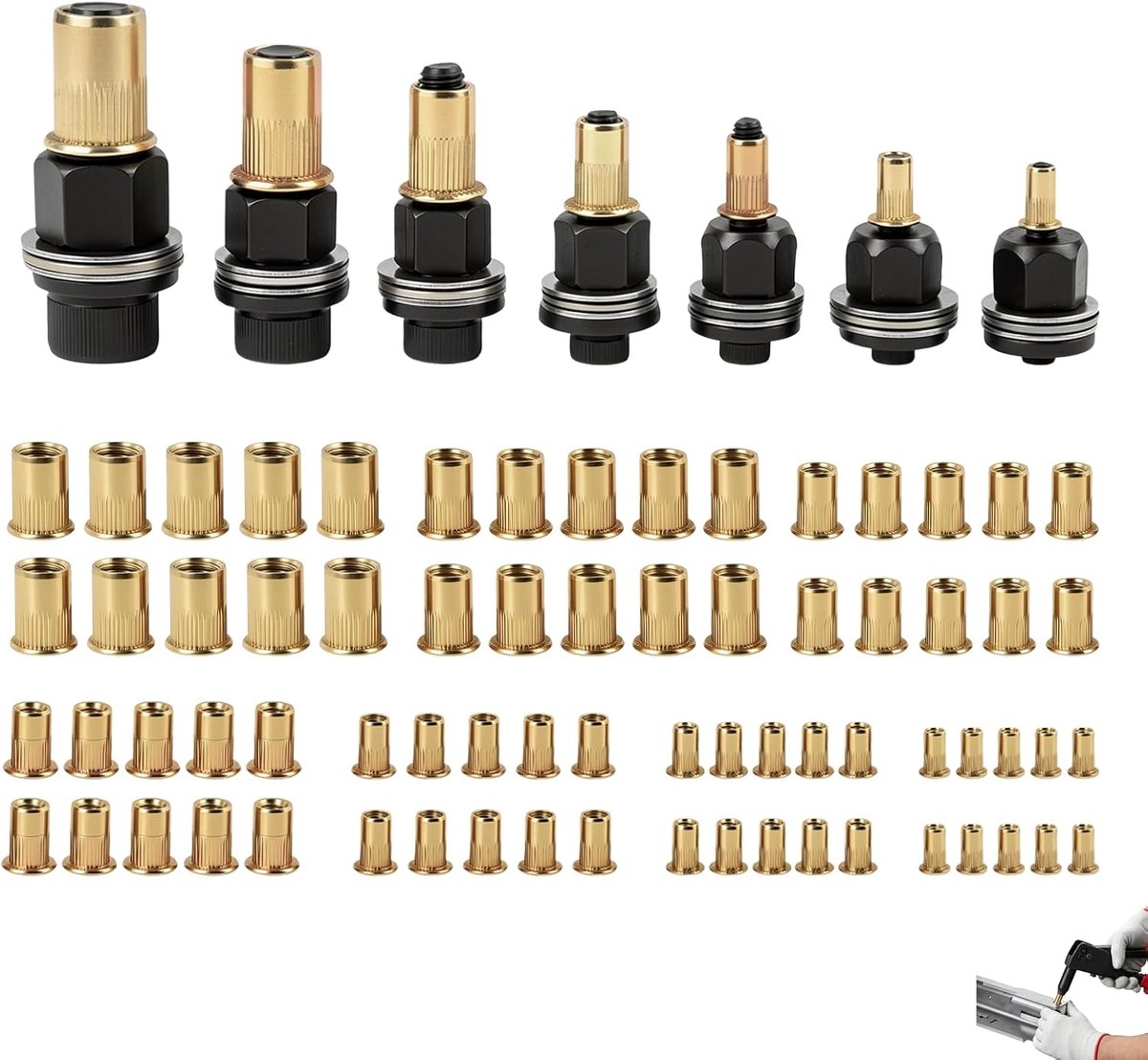 Klinkmoertang set 7-delig - handgereedschap - inclusief 70 moeren M3 tot M12 - ideaal voor veelzijdige reparaties - ShopVlot