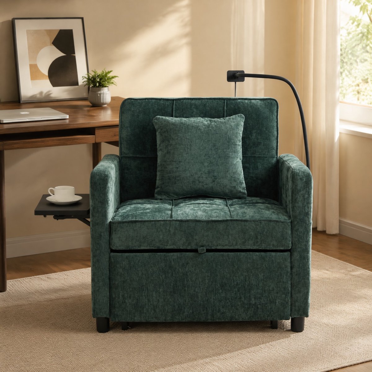 DESMIU Fauteuil 1-Zits - 2-In-1 Slaapstoel Met Verstelbare Rugleuning, Kussen, Opbergvak En Tafel - Woonkamer - Chenille - Groen