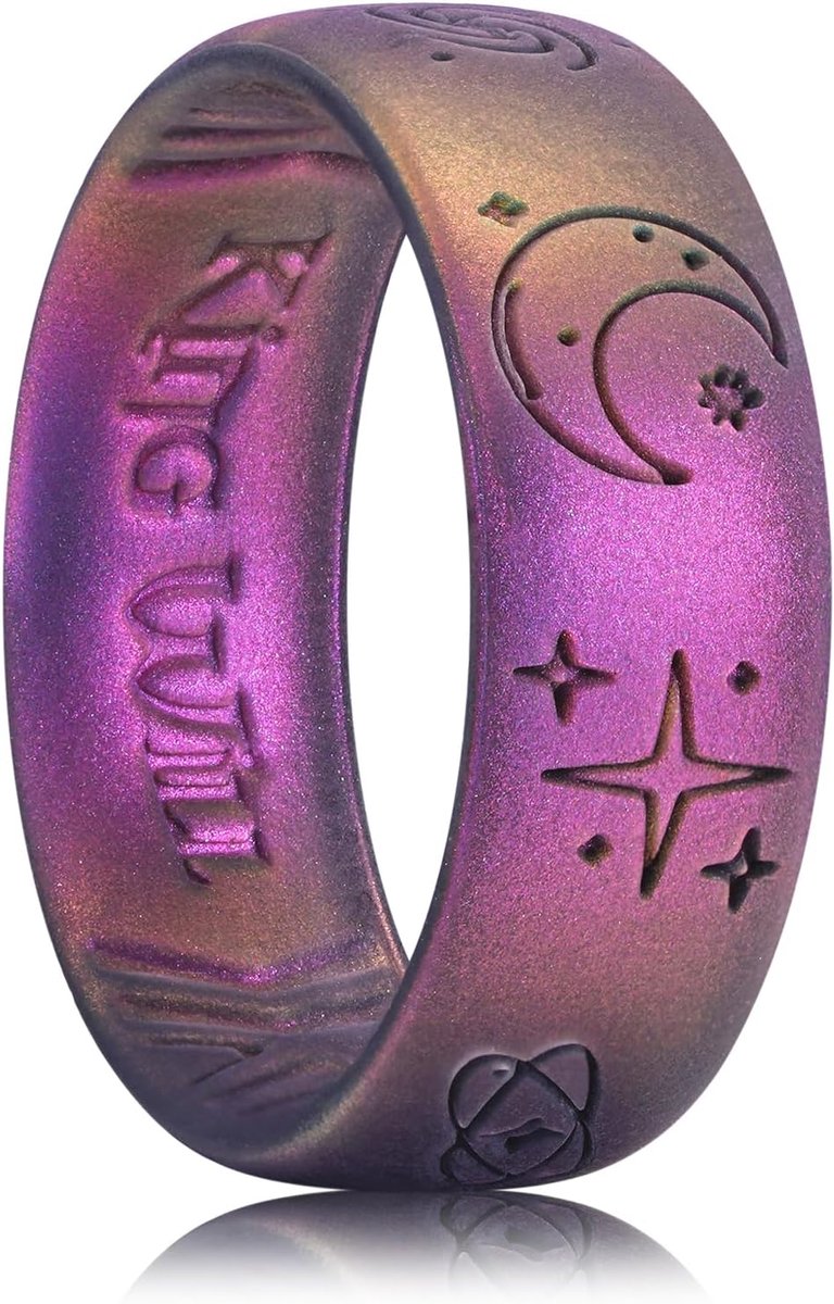 Ringen voor mannen - 6,6 mm breed, 1,8 mm dik, ster- en maanpatroon, rubberen ringen, sterrenhemel paars, ademend design, comfortabele pasvorm 56,9 (18,1)