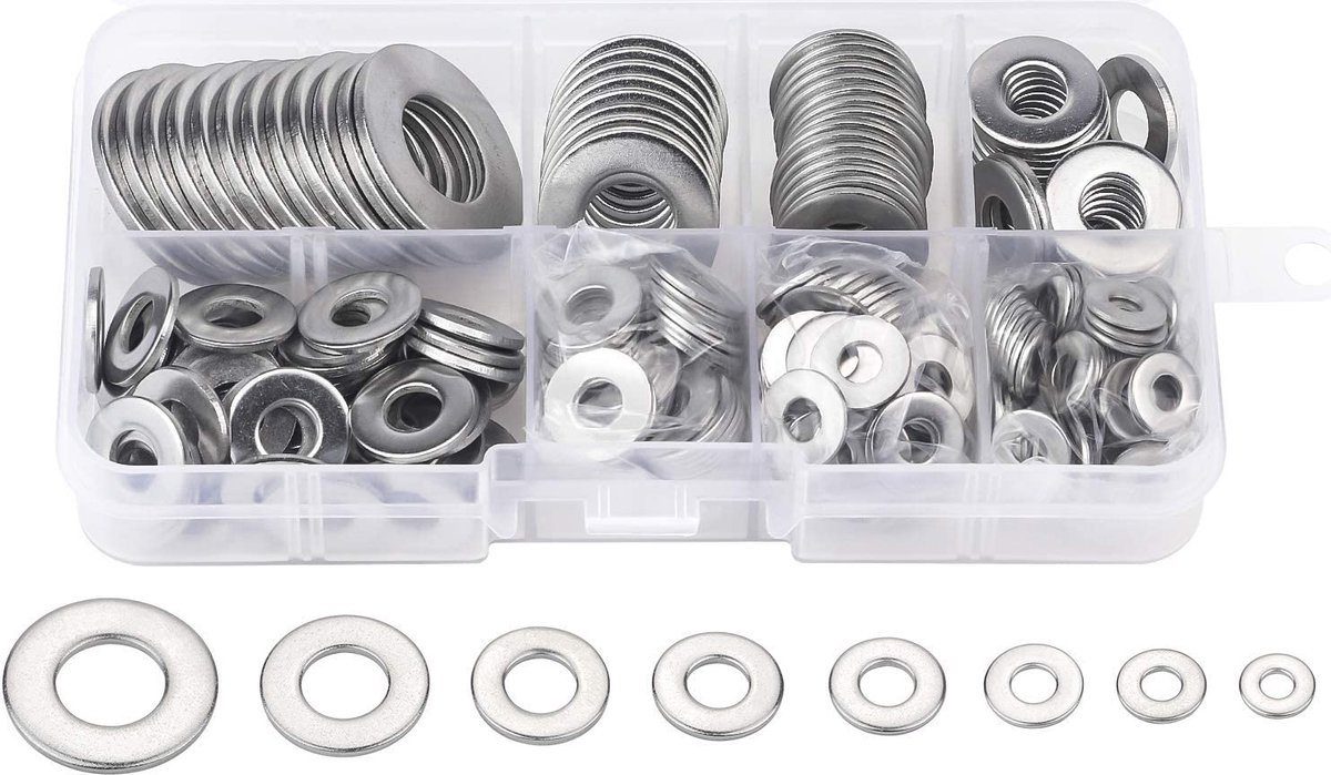 Platte sluitringen, 360 stuks, roestvrij staal, platte sluitringen, sluitringen, rond, plat, borgringen, assortiment, set, 8 maten: M2, M2,5, M3, M4, M5, M6, M8, M10 met opbergdoos