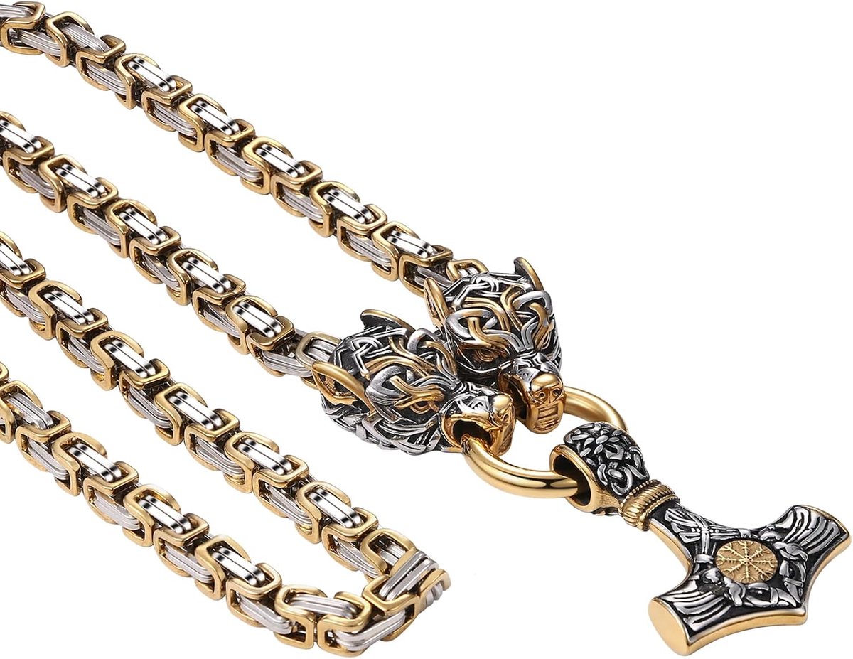 Wolf Thors hamer halsketting: Viking wolfskop, kompas, Thor-hamer, hanger met koningsketting, heren, Mjolnir roestvrij stalen ketting, Scandinavische mythologie, amulet sieraden, goud zilver