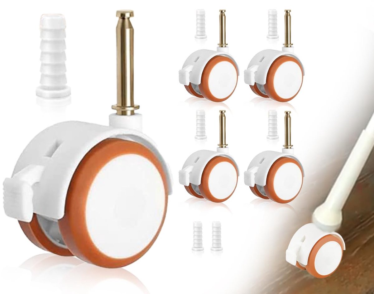 4-delige zwenkwielen voor kindermeubels, set met 10,5 mm huls-pen, stille rubberen wielen met rem, voor klein kinderbed, babybed, wieg, trolleys, vrijlopend bijzetbed (wit)