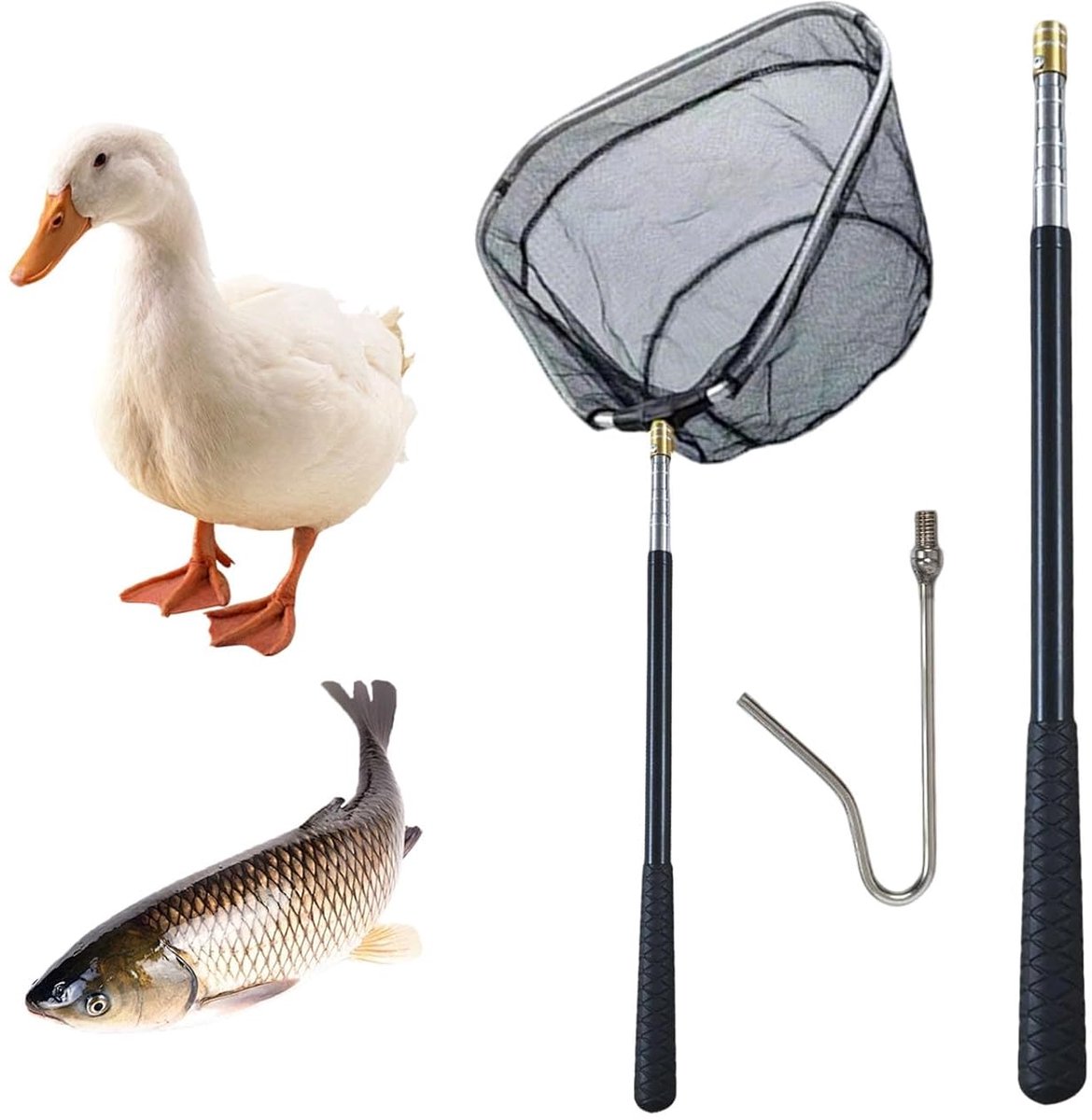 2 in 1 kippenvangersbeenhaken en vangnetjesset, 37-151 cm intrekbaar, roestvrijstalen pluimveehaak, kippenvangapparaat, pluimveeteeltapparatuur voor pluimvee, kip, kalkoenen, ganzen, eenden, vogels