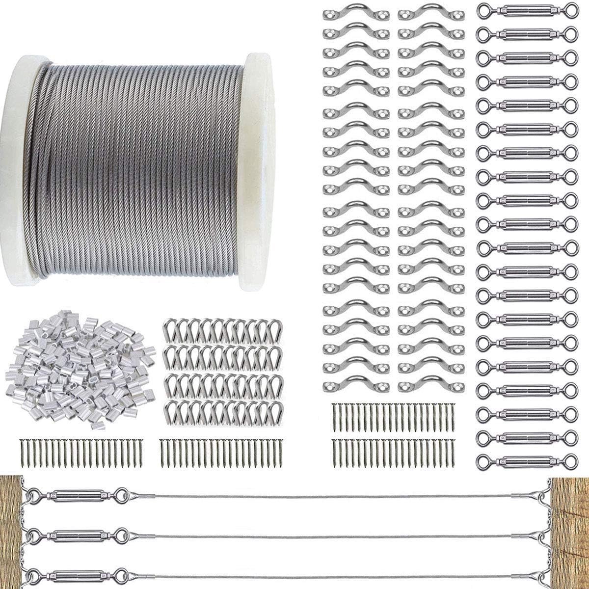 Roestvrijstalen kabel, 3 mm/122 m, metalen kabel met M5 draadspanners, kabelset voor leuningen, ideaal voor tuin, hekken, hanglampen en doe-het-zelfprojecten