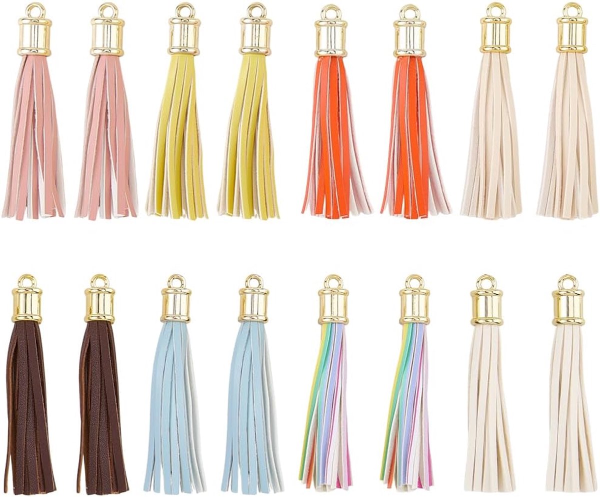 16 stuks kwastjeshangers van PU-leer, 3,5 cm, sleutelhangers, kwastjes, kleurrijke bedels voor handtassen, mobiele telefoons, autosleutels, decoratie, doe-het-zelf, knutselen, oorbellen