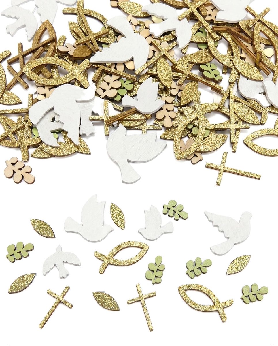 140 stuks houten schijven, glitter, confetti, vis, kruis, duiven, bladeren, goud, wit, strooidecoratie voor doop, communie, vormsel, tafelversiering, knutselen, party, houten decoratie
