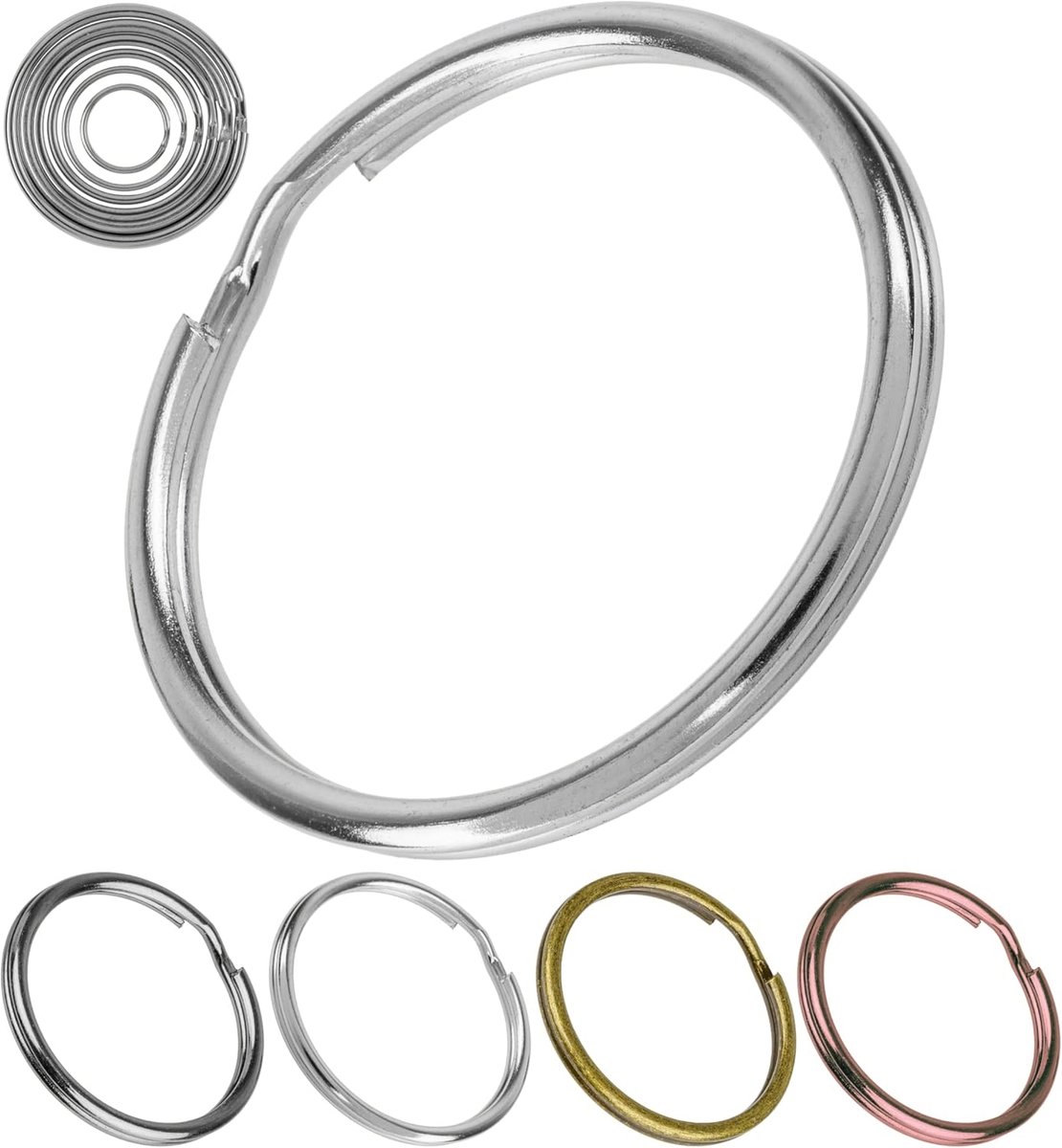 Set met verschillende maten, 66 stuks, gemaakt van gehard staal, zilver, Ø 15 mm, 20 mm, 25 mm, 30 mm, 35 mm Sleutelhangers sleutelhanger, sleutelhanger organisatie kit