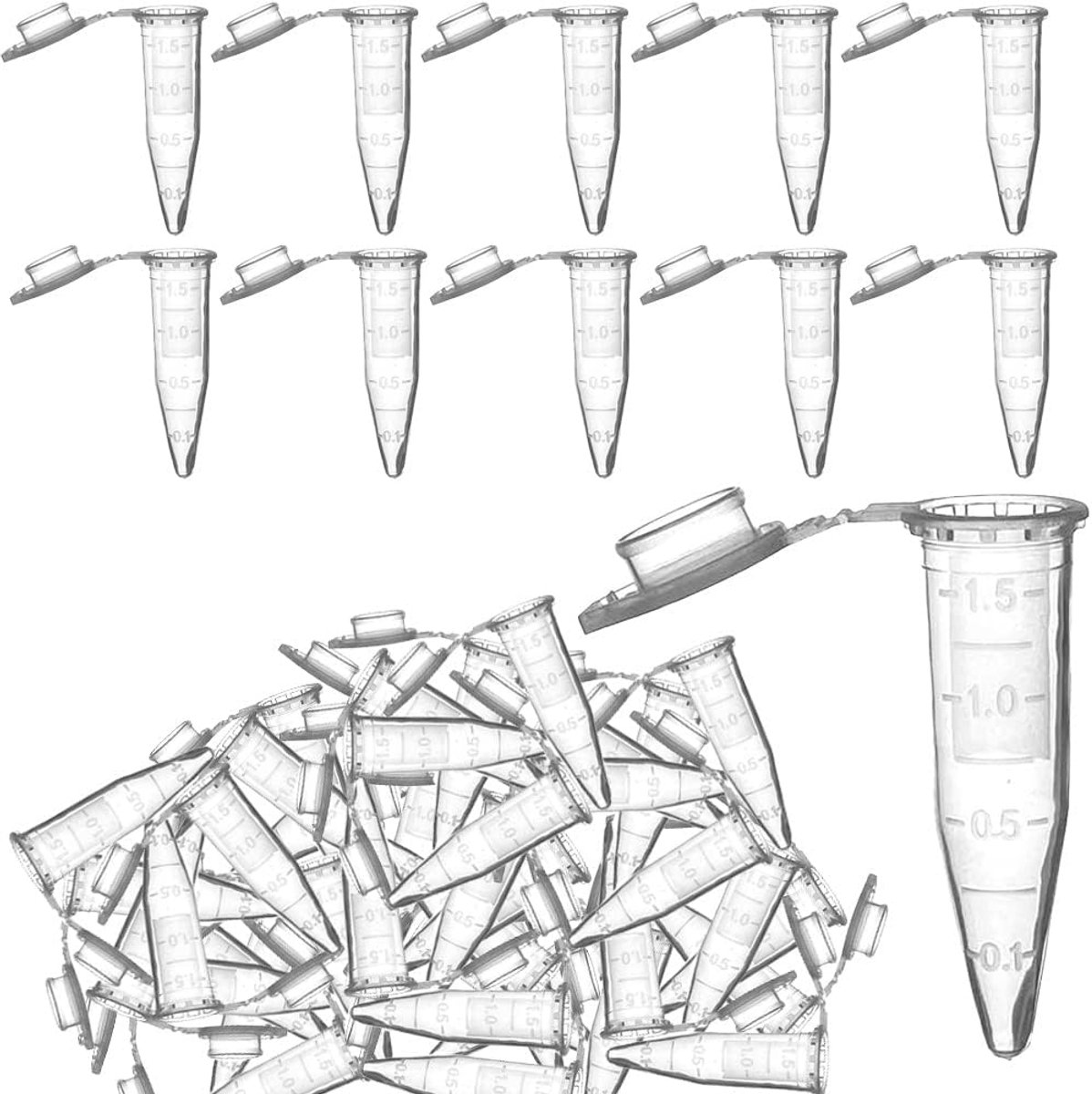 100 stuks reactievaten stofcapsules 1,5 ml transparante centrifugebuizen, bolvormige fles met dubbele sluiting, microtubes van polypropyleen, globuli-doppen met deksel