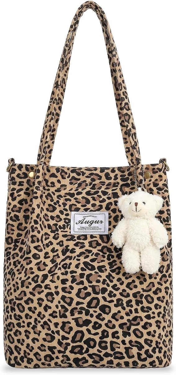 Dames Leo Handtas - Luipaardprint - Tote Bag met Berenhanger - Ideaal voor School en Werk - SnelShoppen