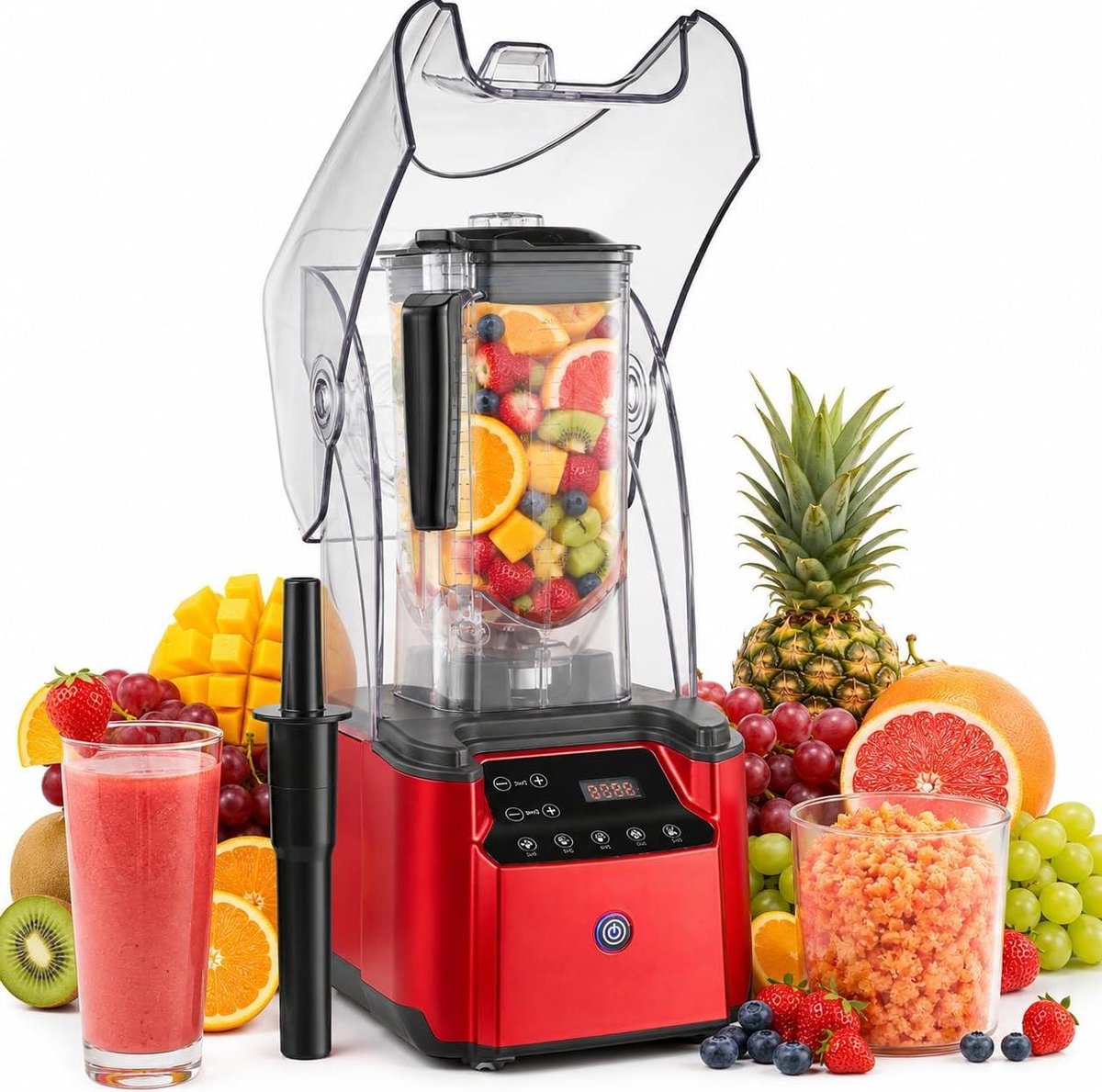 Krachtige Blender - Smoothie Maker IJscrusher - Professioneel Gebruik - Geluidsisolerende Kap - 2.2 Liter - Rood Zwart Transparant