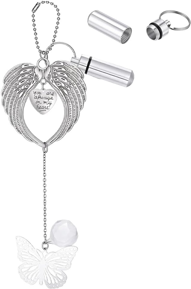 Glas Auto Hangende Ornamenten Urn Zonnevanger Auto Achteruitkijkspiegel Accessoires Herinneringen Urn Sleutelhanger met Vleugels Hart Hanger Charm voor mens Huisdier As